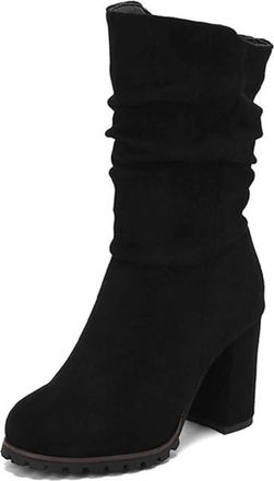 Generic Womens Chunky Platform Round Toe Mid Calf Boots Slouchy Wide Calf Pleated Slip On Fashion Warm Winter Shoes (Black,5.5)