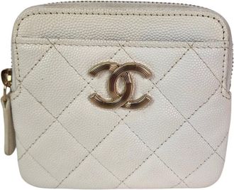 Chanel Caviar Quilted CC Zip Card Holder White Wallet