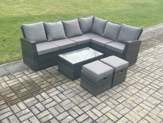 Fimous Wicker PE Outdoor Garden Furniture Set High Back Rattan Corner Sofa Set with Rectangular Coffee Table 2 Small Footstools in Dark Grey