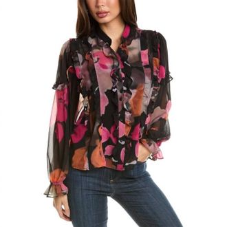 Hutch Bianca Ruffle Button Front Top In Black Romantic Watercolor Floral