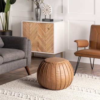 nuLOOM Faux Leather Round Filled Ottoman Pouf