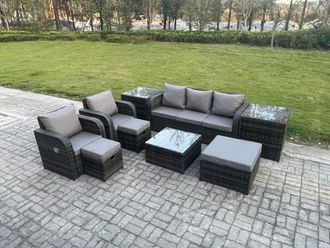 Fimous Patio Garden Furniture Sets Wicker 8 Seater Outdoor Rattan Furniture Sofa Sets with 2 Side Tables 3 Footstools in Dark Grey