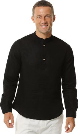 Hoerev Mens Henley Beach Long Sleeves Linen Cotton Shirt,X-Large,Black