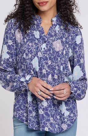 NYDJ Pleated Yoke Long Sleeve Peasant Blouse in Poppys At Dusk at Nordstrom, Size Xx-Small