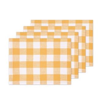 Solino Home Linen Placemats Set of 4, 14 x 19 Inch for Dining Table, Holiday and Everyday Table Decor - Buffalo Check in Mustard And White at