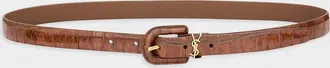 Saint Laurent Cassandre Croco-Embossed Leather Thin Belt