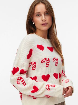 Vero Moda Weihnachtspullover VERO MODA VMCANDYHEARTS LS O-NECK PULLOVER XMAS, Damen, Gr. M, birch detail:with chinese rot, Strick, Obermaterial: 100% Polyacryl,