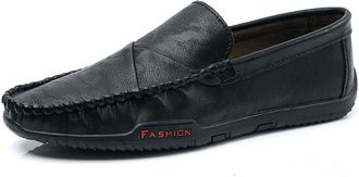 Generic Mens Loafers Shoes PU Round Toe Stitching Details Breathable Comfortable Flat Heel Flexible Anti-Slip Lightweight Party Casual Slip-on(Black,7.5 UK)