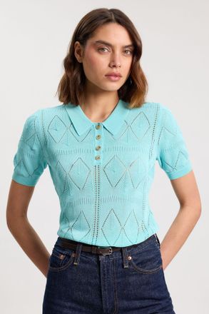 Karen Millen Womens Knitted Argyle Collar Top - Light Blue - Size X-Small