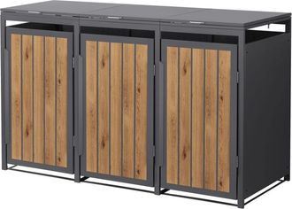 ML Design Ml-design 3x Cobertizos Para Ocultar Cubos De Basura 240l Roble Antracita Claro 196x80x120cm Caseta De Acero Para Jard&iacute;n Contenedor Exterior Caja Con 