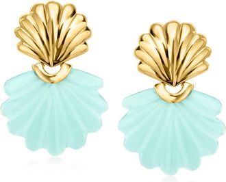 Ross-Simons Carved Blue Chalcedony Seashell Drop Earrings in 18kt Gold Over Sterling