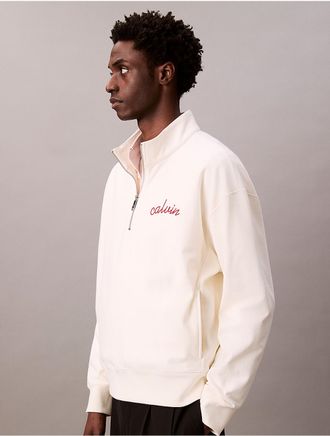 Calvin Klein Jeans Calvin Klein Mens Embroidered Logo French Terry Quarter Zip Sweatshirt - White - 2XL