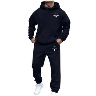 Generic Mens Tracksuit Set Fleece Letter Print Hooded Sweatshirt and Sweatpants Jogger Stretchy Drawstring Waist 2 Piece Sweatsuits for Men Autumn Winter Warm