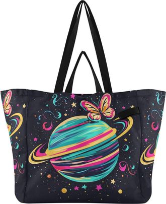 Generic Butterfly Planet Black print Reusable Canvas Tote Bag, Heavy Duty Grocery Shopping Bag with Large Capacity Hard Bottom Double Handles Work Groceries T