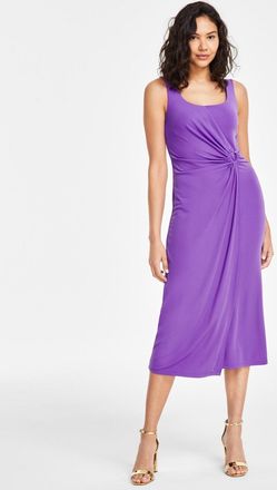 Anne Klein Midi Dress Womens Purple O-Ring Sleeveless Square Neck FTS1281