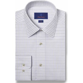 David Donahue Trim Fit Dobby Tattersall Check Dress Shirt in White/Grass at Nordstrom Rack, Size 15.5 - 34/35