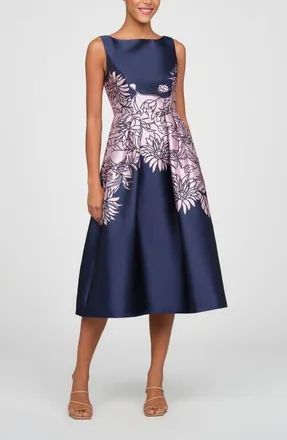 Kay Unger Evaline Placed Floral Cocktail Midi Dress in Deep Navy at Nordstrom, Size 10