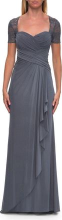 La Femme Ruched Lace Bodice Gown with Draped Skirt in Slate at Nordstrom, Size 12