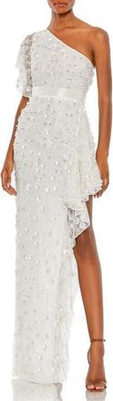 Mac Duggal One-Shoulder Beaded 3D Embellishments Gown in White at Nordstrom, Size 4