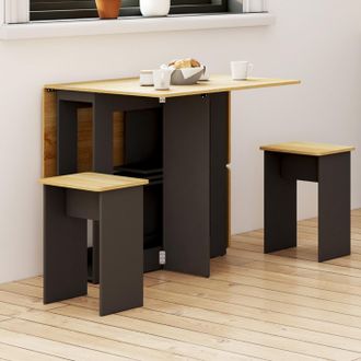 IDMarket Edi Consola Plegable Para 2-4 Personas En Madera Negra Con Tablero De Haya Y 4 Taburetes