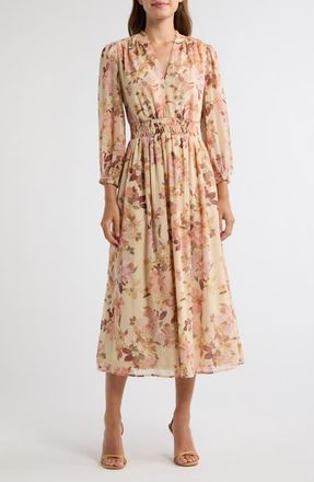 Anne Klein Smocked Waist Ruffle Trim Midi Dress in Macadamia Multi at Nordstrom, Size 10