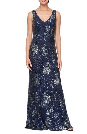 Alex Evenings Sequin Floral A-Line Gown in Navy at Nordstrom, Size 4