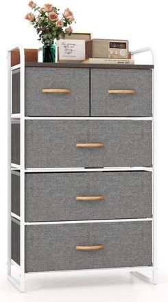 Costway 5-Drawer Dresser Storage Organizer Tower Bedside Display Stand Foldable-Grey - Costway