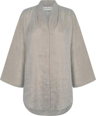Cortana Oversized V-hals gestreept shirt - Dames - Overhemden - Groen - M - Linnen - Overhemden