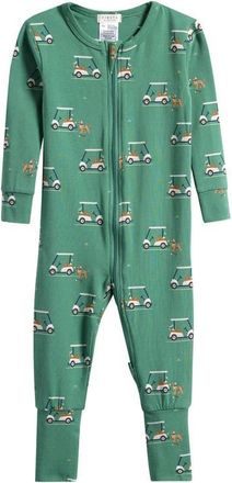 Petit Lem Golf Carts on Spruce Fitted Stretch Organic Cotton Blend Convertible Footie Pajamas in Dark Green at Nordstrom, Size 12M