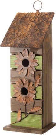 Glitzhome 14.5H Two-Tiered Distressed Solid Wood Birdhouse With Flowers in Green at Nordstrom, Size Medium