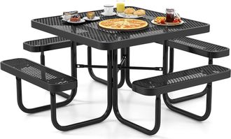 Costway Conjunto Mesa Y Banco De Picnic De 8 Personas, Mesa Cuadrada Camping De Metal Revestido, 4 Bancos Y Orificio Para Sombrilla, Mueble Jard&iacute;n Terraza Ext