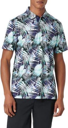 Bugatchi Hendrix Digital Leaf Print Pima Cotton Polo in Turquoise at Nordstrom, Size Xx-Large