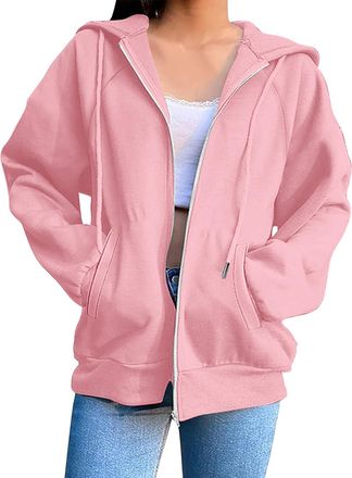 Generic KUIH Zip Up Sweatshirts for Women Casual Zipped Hoodies Solid Color Loose Long Sleeve Jacket Womens Zipper Hoodies Pullover Sweaters Hooded Top Coats 