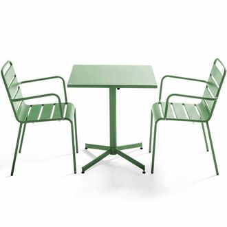 Oviala Conjunto mesa de jard&iacute;n cuadrada y 2 sillas de metal verde cactus