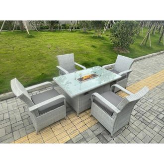 Fimous Light Grey Rattan Outdoor Garden furniture Set Gas Fire Pit Table and 4 Chairs Set with Seat Cushion - Fimous