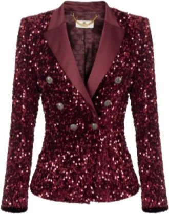 Elisabetta Franchi Bordeaux Sequin Geborduurd Double-Breasted Jas - Dames - Blazers - Rood - S - Satijn - Jassen