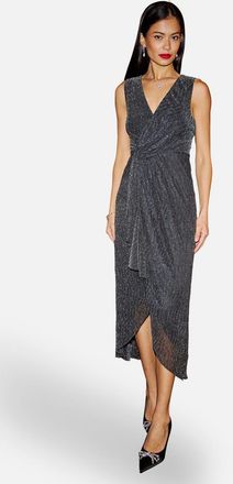 Yumi Metallic Pleated Frill Wrap Midi Dress in Black at Nordstrom, Size 10