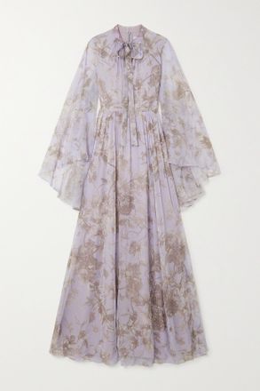 Erdem Abito Effetto Mantella In Voile Stampato Con Fiocco Chiara - Viola