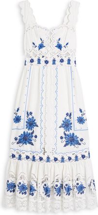 Farm Rio Floral-embroidered Linen-blend Midi Dress - Black And White - XL (UK16 / XL)