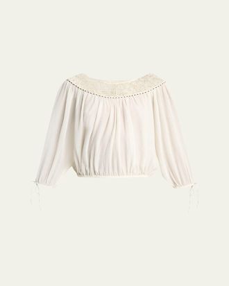 Isabel Marant Nelida Guipure Lace-Trim Silk Gauze Drawstring Blouse