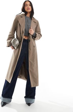 Pieces belted trench coat in lentil brown