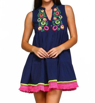 Velzera Beaded And Fringe Bohemian Mini Dress - Plus In Blue
