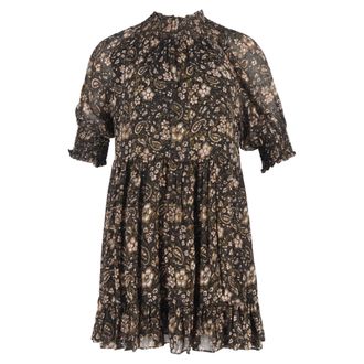 Ulla Johnson Paisley Printed Mock Neck Mini Dress in Brown Silk