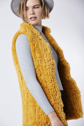 JayLey Womens Hand Knitted Faux Fur Long Gilet - Mustard - One Size