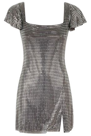 Self Portrait Gray Rhinestone-Embellished Mesh Ruffled Mini Dress