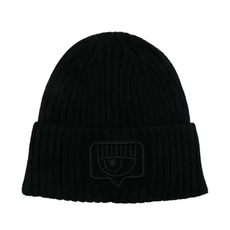 Chiara Ferragni Accessoires, Dames, Zwart, ONE Size, Wol, Beanie Maxi Eyelike Borduurmuts