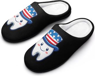 Generic 4th Of July U.S. Tooth Mens Slippers Slip On Comfortable Fleece Cotton House Shoes Winter