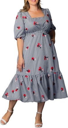 Kiyonna Bailey Square Neck Maxi Dress in Gingham And Florals at Nordstrom, Size 0X