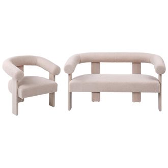 Beliani Conjunto De Sala De Estar Retro Sof&aacute; 2 Plazas Sill&oacute;n Completamente Tapizado De Boucl&eacute; Beige Claro Ilbro