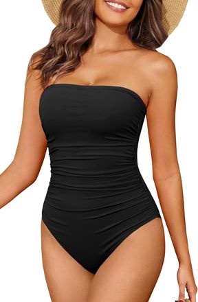 Holipick Women Tummy Control One Piece Swimsuits Strapless Bandeau Bathing Suits Slimming Halter Swimwear, Black, 26 Plus